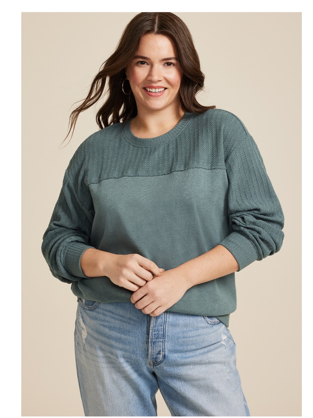 Maurices Teal Pullover Sweatshirt with Textured Yoke